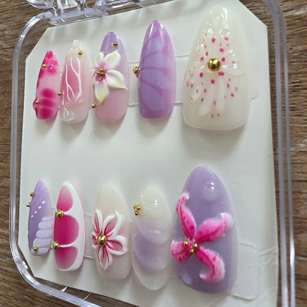 3D Floral & Hibiscus Press-On Nails | Purple & Pink | Size Medium